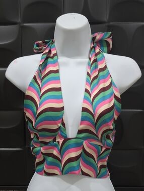 Zara Multicolor Wave Halter Crop Top - Pink, Teal, Brown